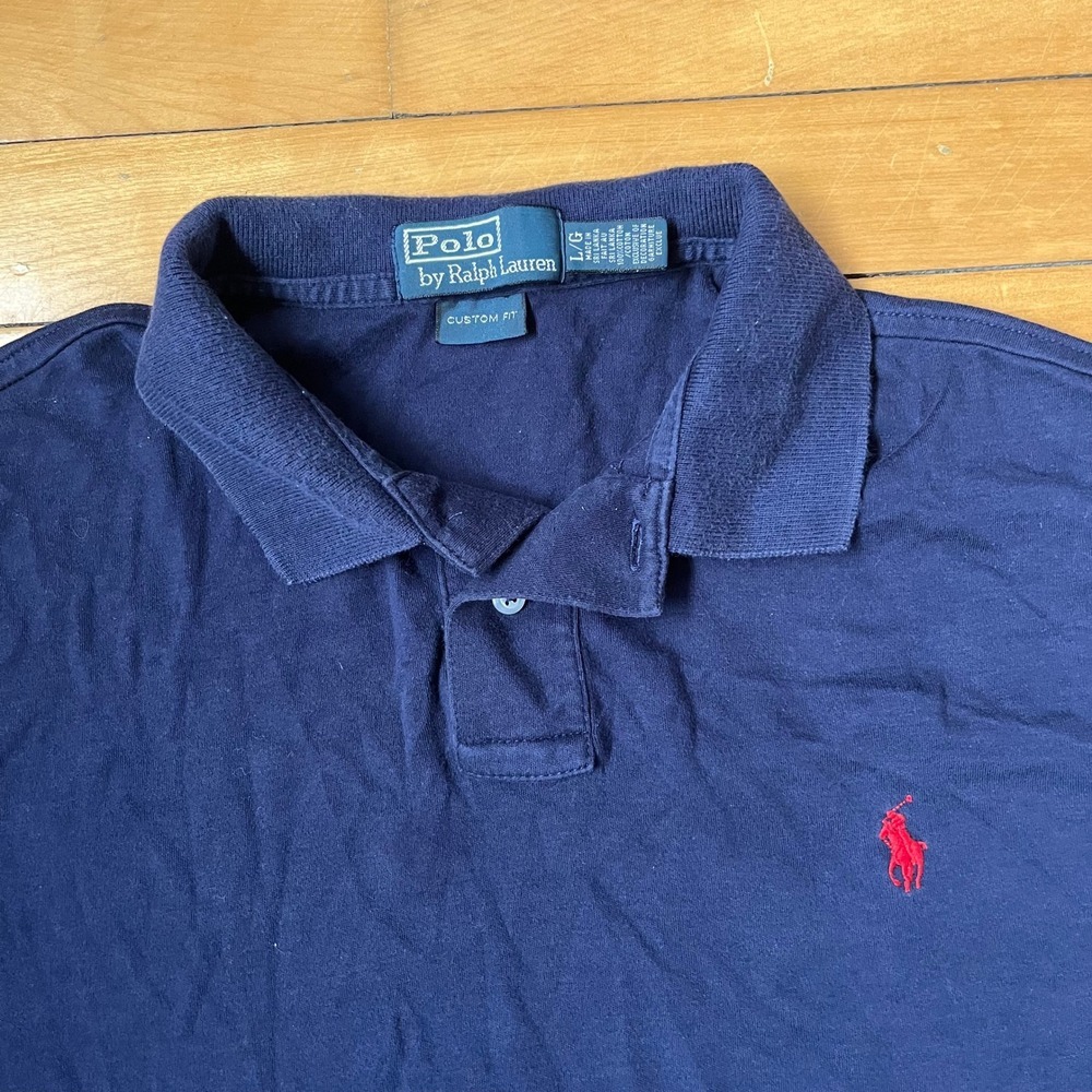 Polo Ralph Lauren Mens Navy Blue Custom Fit Short Sleeve Shirt Large Red Pony - Picture 2 of 5